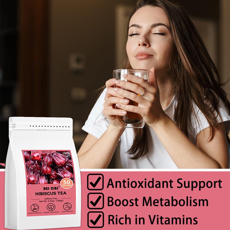 Miniatura 3 de BEI CAI - Bolsas de té de hibisco, 0.07 oz x 50 unidades, té de hierbas de hibisco seco puro natural, sabor a tarta refrescante, sin cafeína, rico