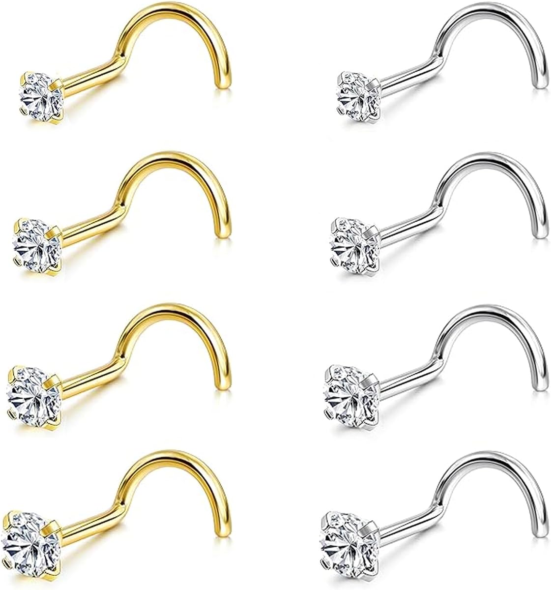 8PCS 18G 20G 22G Nose Rings Studs, Hypoallergenic Corkscrew Nose Stud Set | Gold/silver styles, 316L Surgical Stainless Steel, CZ 1.5-3mm, corkscrew design for secure fit, sensitive skin & daily wear