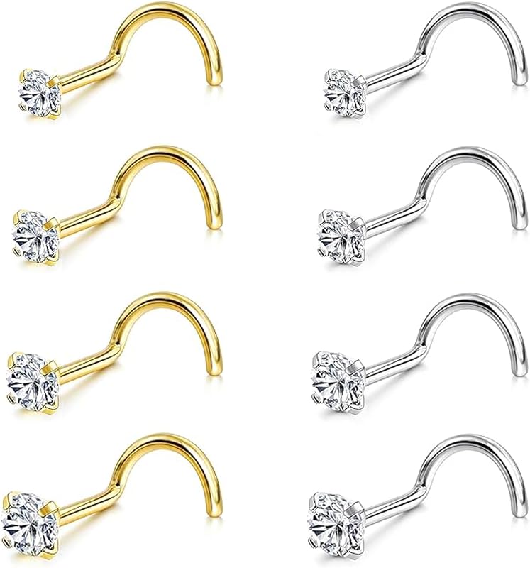 8PCS 18G 20G 22G Nose Rings Studs, Hypoallergenic Corkscrew Nose Stud Set | Gold/silver styles, 316L Surgical Stainless Steel, CZ 1.5-3mm, corkscrew design for secure fit, sensitive skin & daily wear
