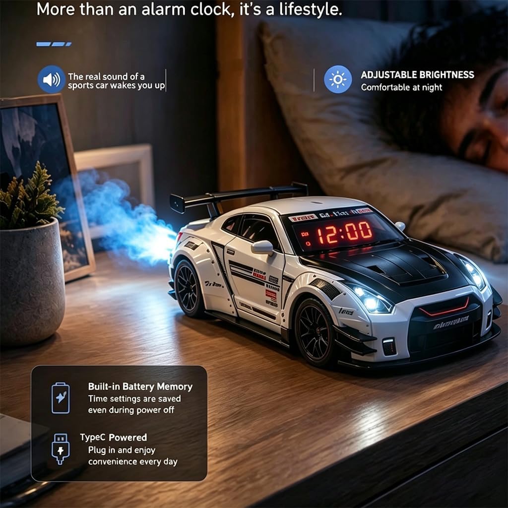 Car Loud Alarm Clock for Heavy Sleepers Adults with Engine Sound | Hypercar Model Digital LED, Exhaust Mist & Light Effects, Interactive Pull Back Race Car