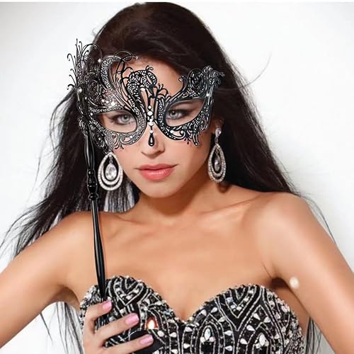 Miniatura 5 de Máscara de mascarada para mujer, máscara de metal con palo de sujeción, Mardi Gras, carnaval, Halloween, Año Nuevo, baile de graduación