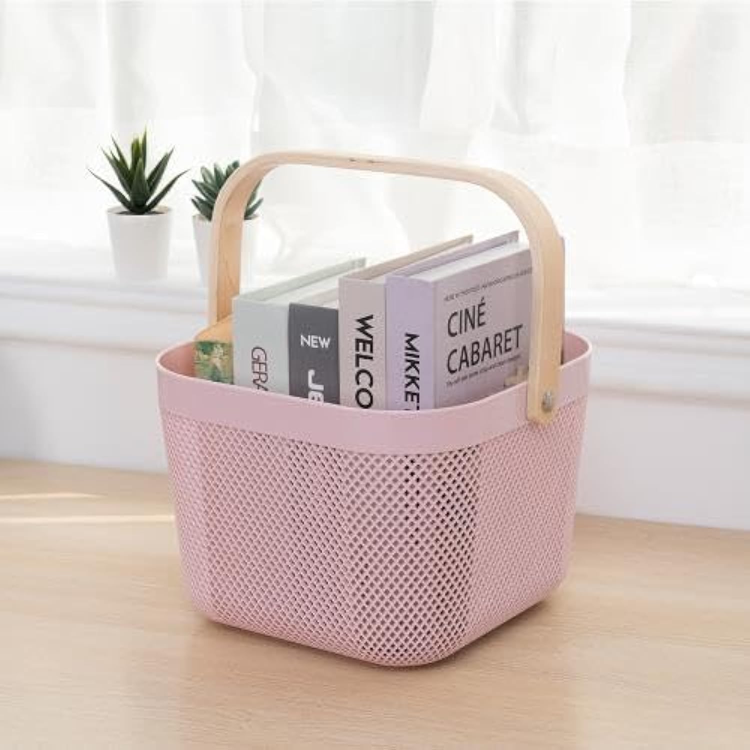 Multi-Functional Metal Wire Hanging Kitchen Baskets, Organizer,Mesh Steel Fruit Basket Bin with Wood Handle,Farmhouse Harvest Gardening Basket for Bathroom, Picnic (pink)