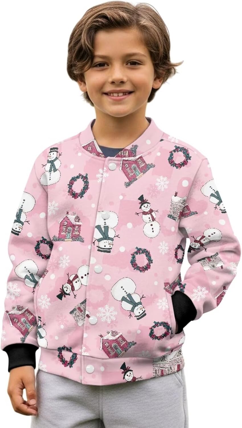 Christmas Kids Varsity Jacket Girls Boys Baseball Jacket Bomber Coat School Uniform with Pocket