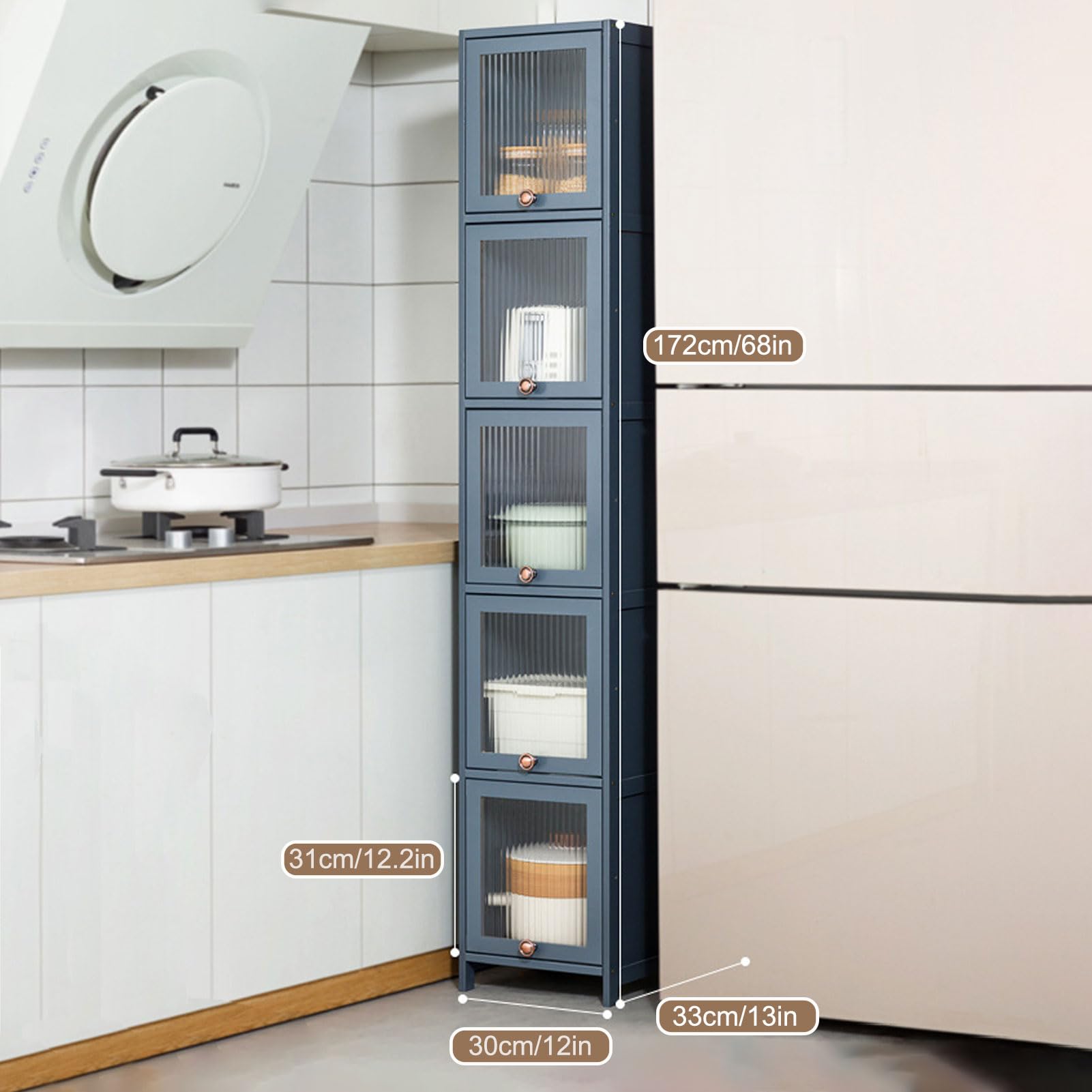 Armadietto da cucina alto grigio a 5 ripiani con ante – Armadietto da pavimento stretto per bagno e soggiorno, 30 x 172 cm, elegante e salvaspazio