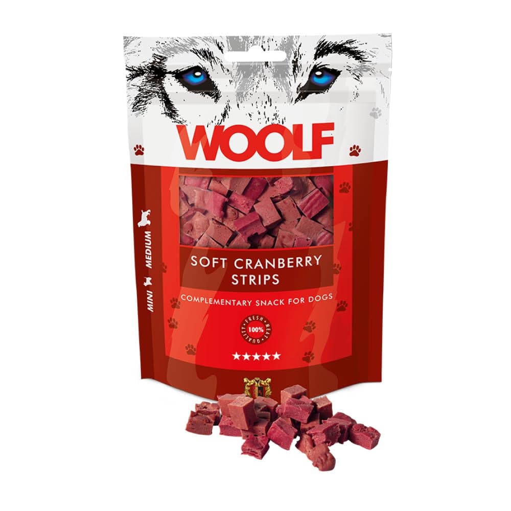 WOOLF Soft Cranberry Strips - Complementary Snacks for Dogs. Dog Treats with All-Natural Ingredients, High Meat Content, Nutritional, Free from Artificial Additives. For Small and Medium Dogs (100g)