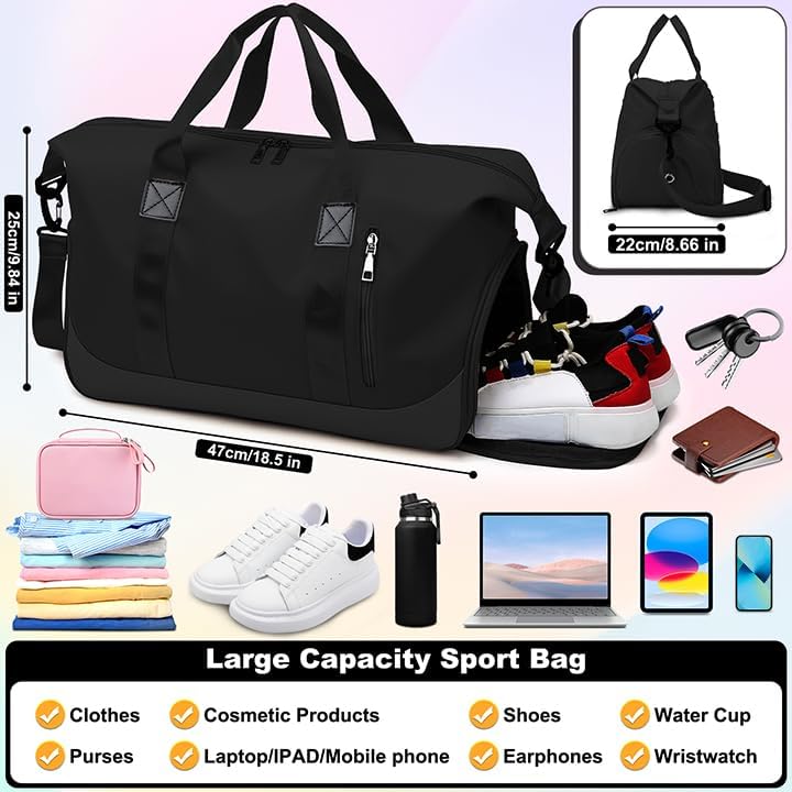 Borsone Palestra RAINSMORE 40L/55L Impermeabile Con Scomparto Scarpe - Uomo E Donna, Nero - Foto 2