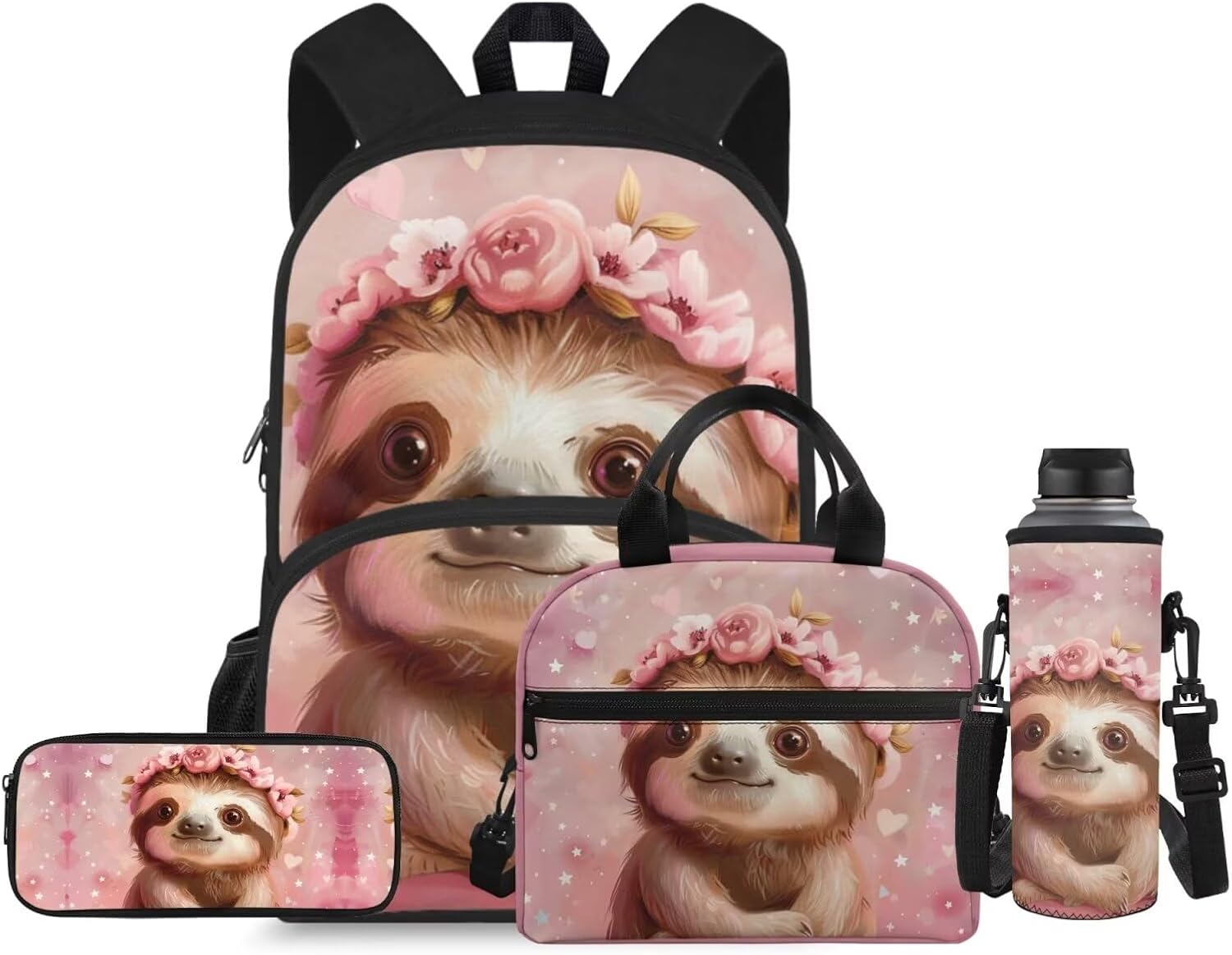 Flashideas Cute Sloth School Backpack Set 4Pcs Kids Backpack for Boys 6-8 with Lunch Box Pencil Case and Water Bottle Case Cover Toddler Bookbag Multifunctional Pencil Case Child Backpacks