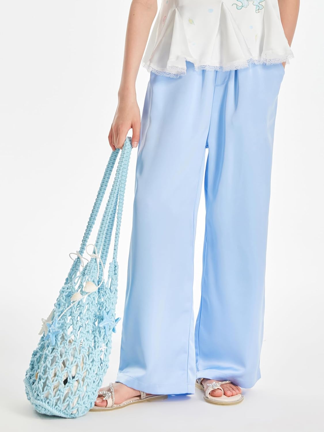 Girls Blue Wide Leg Pants Silky Satin Flowy Palazzo Cooling Loose Pants for Girls Beach Vacation Slacks for 6-16Y - Image 2