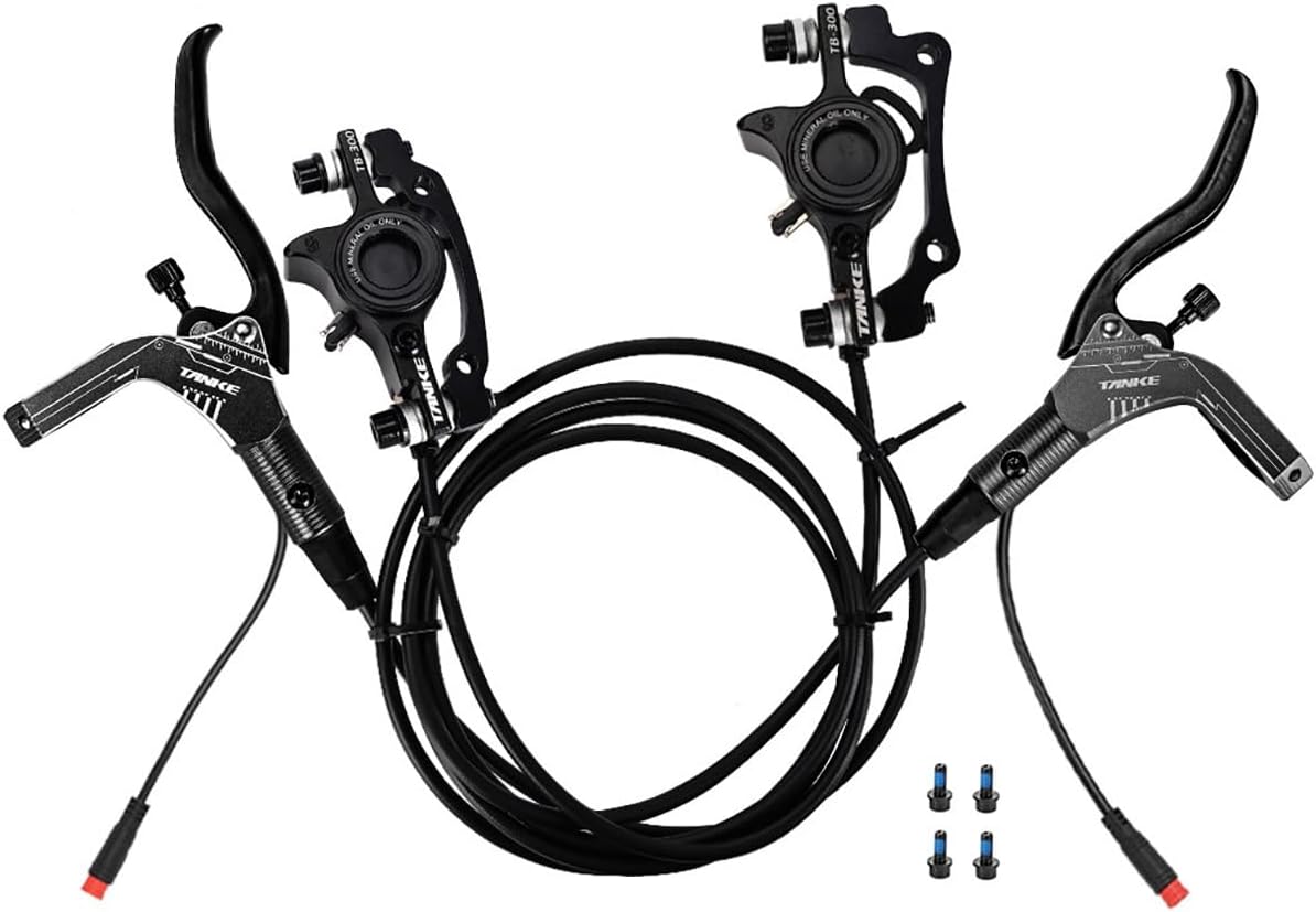 E-Bike 2 Piston Hydraulic Disc Brakes Set Left Front 850mm Right Rear 1570mm Electric Bike Hydraulic Brake for Scooter Aluminum Alloy Lever with 2 PIN Power-Off Sensor