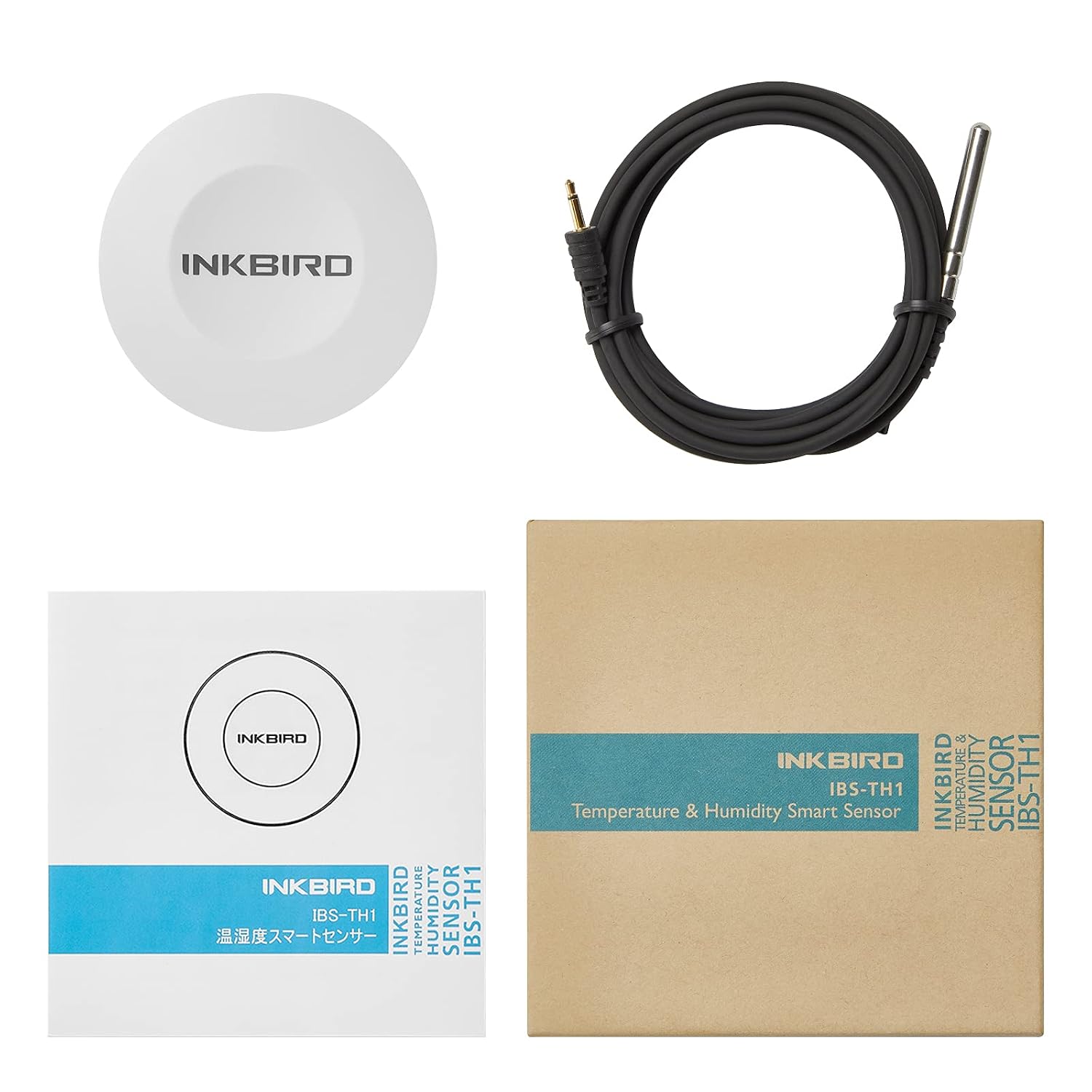 Inkbird INKBIRD-TH1 Bluetooth Thermometer Hygrometer main unit, external temperature probe, and product packaging.