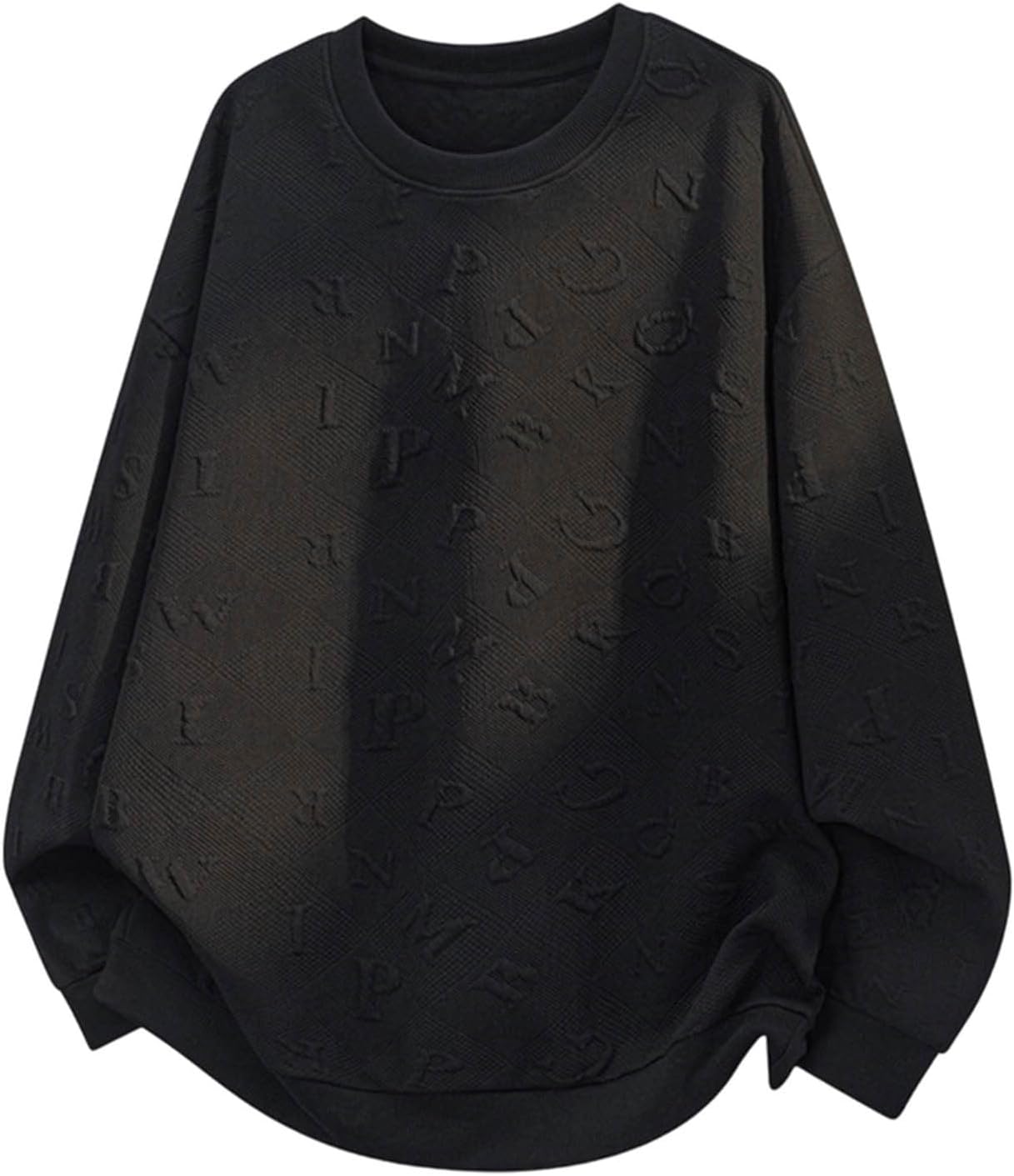 Mens Embossed Sweatshirts Long Sleeve Crewneck Pullovers | 3D Raised Letter Pattern, Minimalist Urban Streetwear, Solid Color Casual Tops, Ribbed Cuffs And Hem, Soft Cozy Loungewear