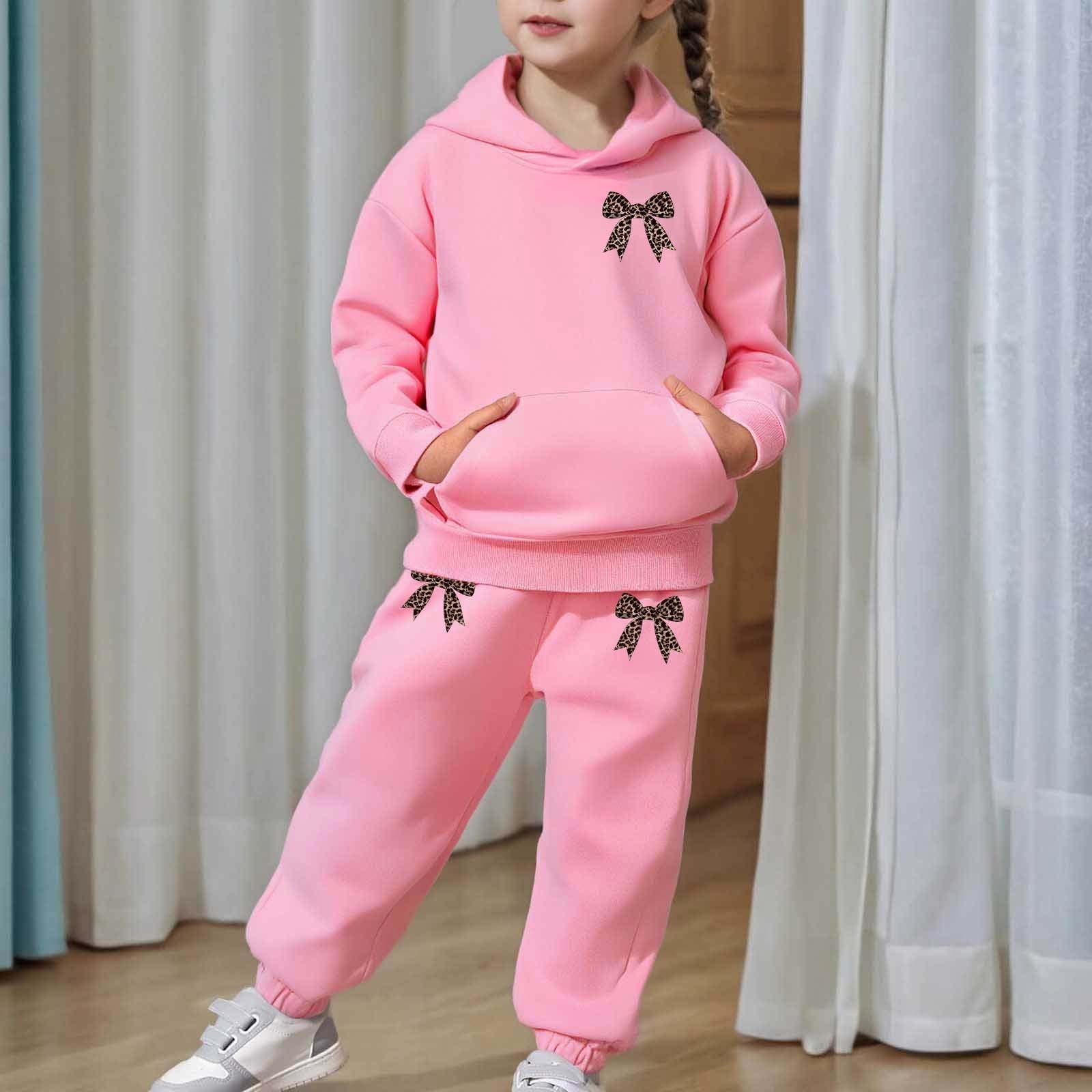 2-częściowy dres z nadrukiem, bluza z kapturem, spodnie do joggingu, uniwersalny strój zimowy, czas wolny, swobodny wygląd dziewczynki i chłopca 4-13 lat, bez sznurka, Różowy, 10-11 ans