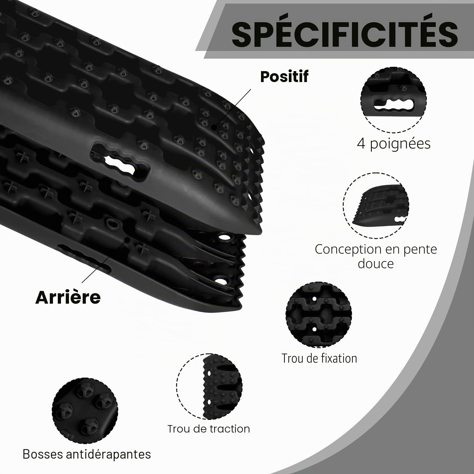 EXLECO 2Pcs Plaque Desensablage Tapis de Traction Tout Plaque de Désenlisement Camping Car Tapis de Traction en Plastique Accessoire Off Road Planche de Récupération pour Boue Sable Neige Noir