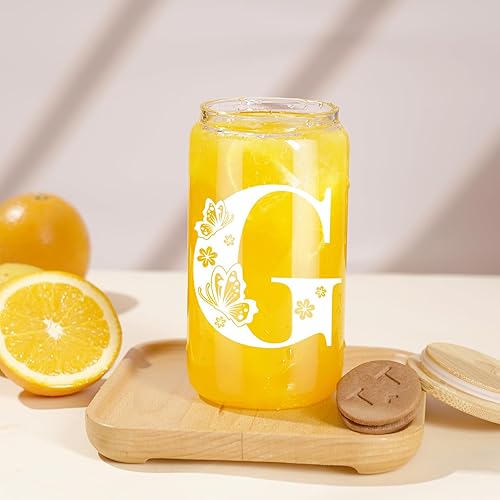 Miniatura 6 de Fairy's Gift Taza de café de cristal inicial con tapa y pajilla, vaso de mariposa, taza de vidrio para beber de 16 onzas, taza estética,