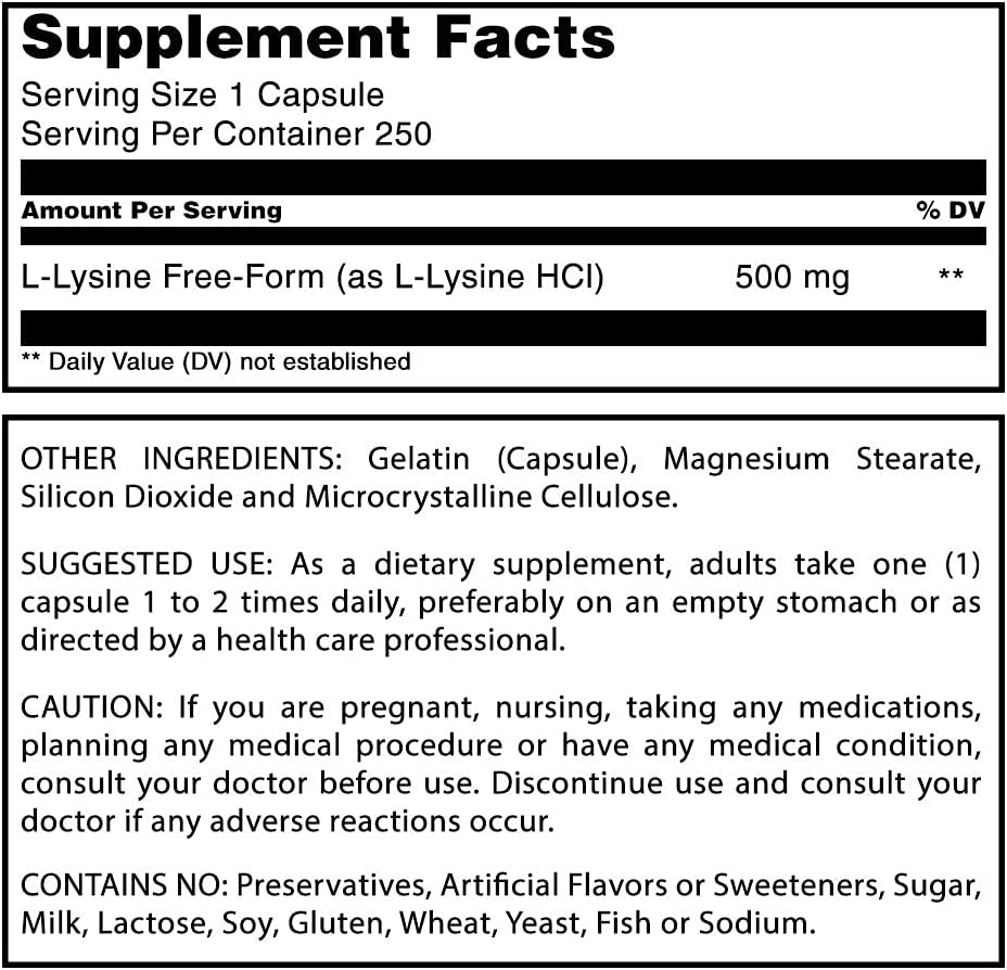 Amazing Formulas L-Lysine 500mg Amino Acid Capsules -(Non GMO,Gluten Free) - Immune Support, Respiratory Health & More (250 Caspules) : Health & Household