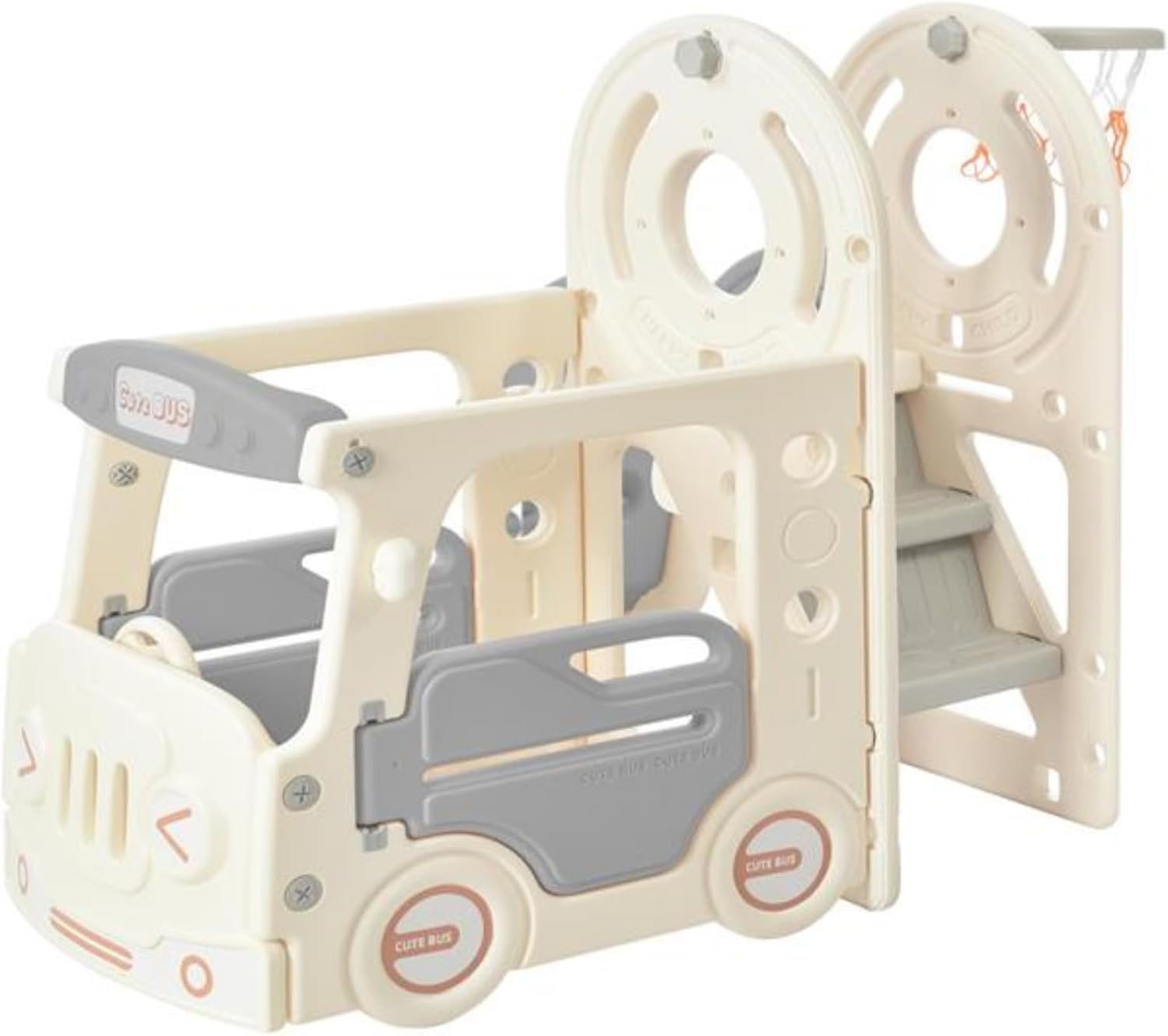 4-in-1 Bus Slide Set, Kids Slide with Bus Ride, Freestanding Bus Toy Set, with Basketball Hoop, Off-White and Gray