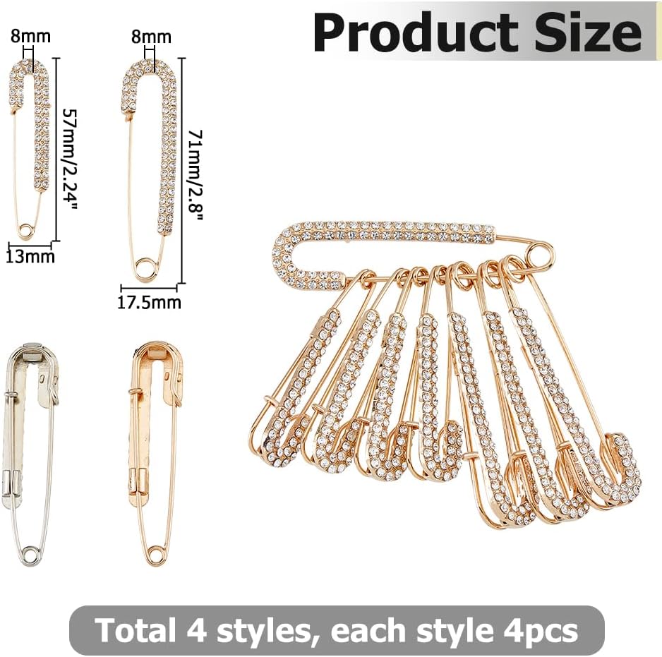 16PCS Rhinestone Safety Pins Brooch Clips 4 Styles Alloy Crystal Pins Decorative Crystal Safety Pins for Sweater Shawl Kilt Clothing Accessories (Mixed Color)