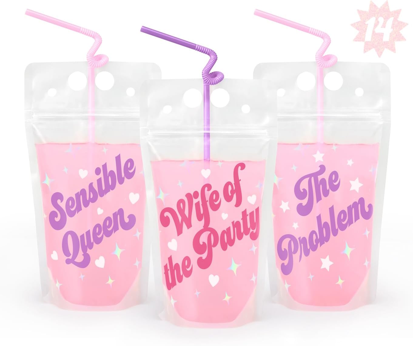xo, Fetti Bachelorette Party Drink Pouches - 14 pcs | Bach Party Cups, Bridesmaid Names Decorations, Maid of Dishonor Favors, Wife of the Party