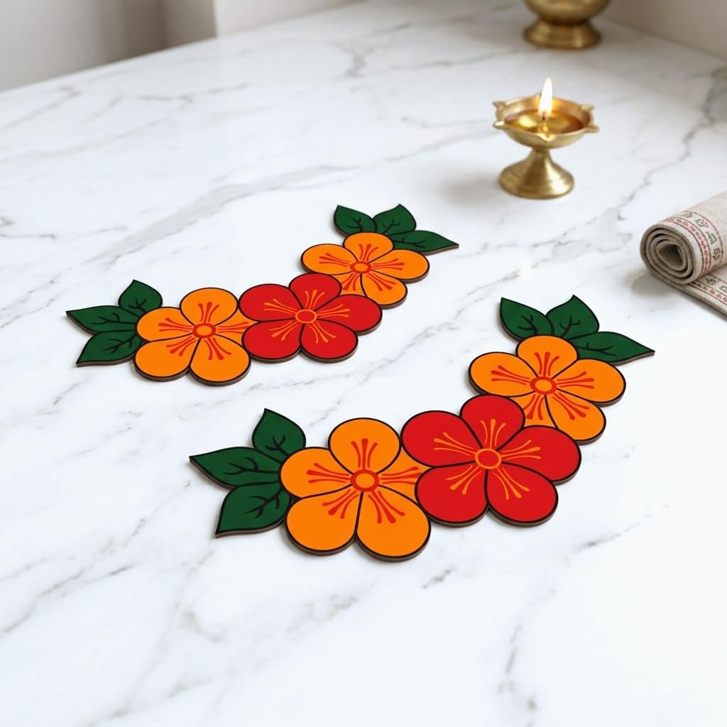 Rangoli Decor Ready Rangoli Flower WEL, Latest Rangoli Design, Traditional Festive Decor, Easy to use Mess Free Rangoli Patches, Set of 4, Ganesha Puja, Diwali Special Decor (Orange red, Set of 2)-image-21
