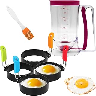 Griddle Breakfast Kit, Pancake Batter Dispenser, Griddle Accessories Including 4 Egg Rings and Silicone Oil Brush, 900ml Easy to Use Cupcake Dispenser for Baking Pancake