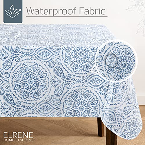 Elrene Home Fashions Savannah Boho Paisley Water- and Stain-Resistant Vinyl Tablecloth with Flannel Backing, 60 Inches X 84 Inches, Rectangle, Blue