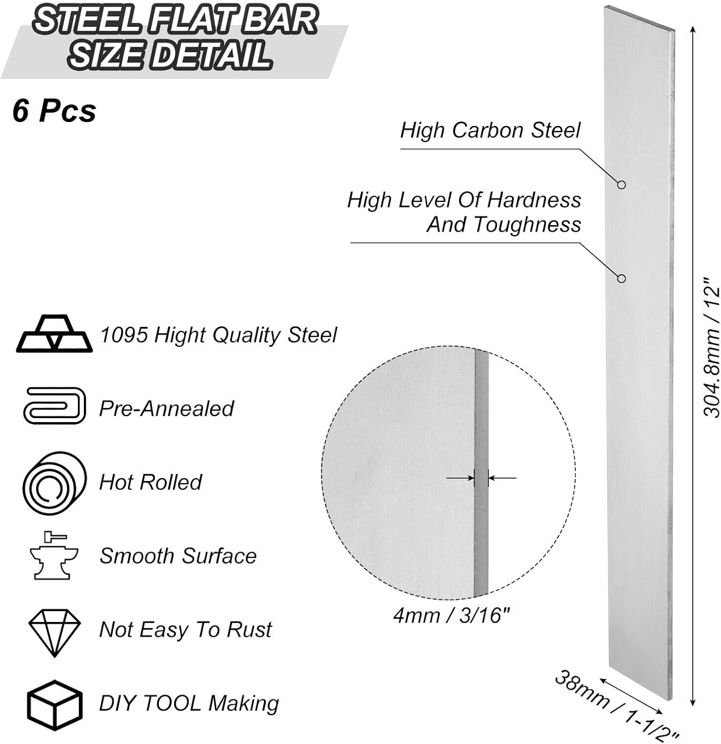 Home and Garden Parts 6 Pack Spring Steel 1095 for Knife Making Steel 12" x 1 1/2" x 3/16" Steel #CN/251024/09866