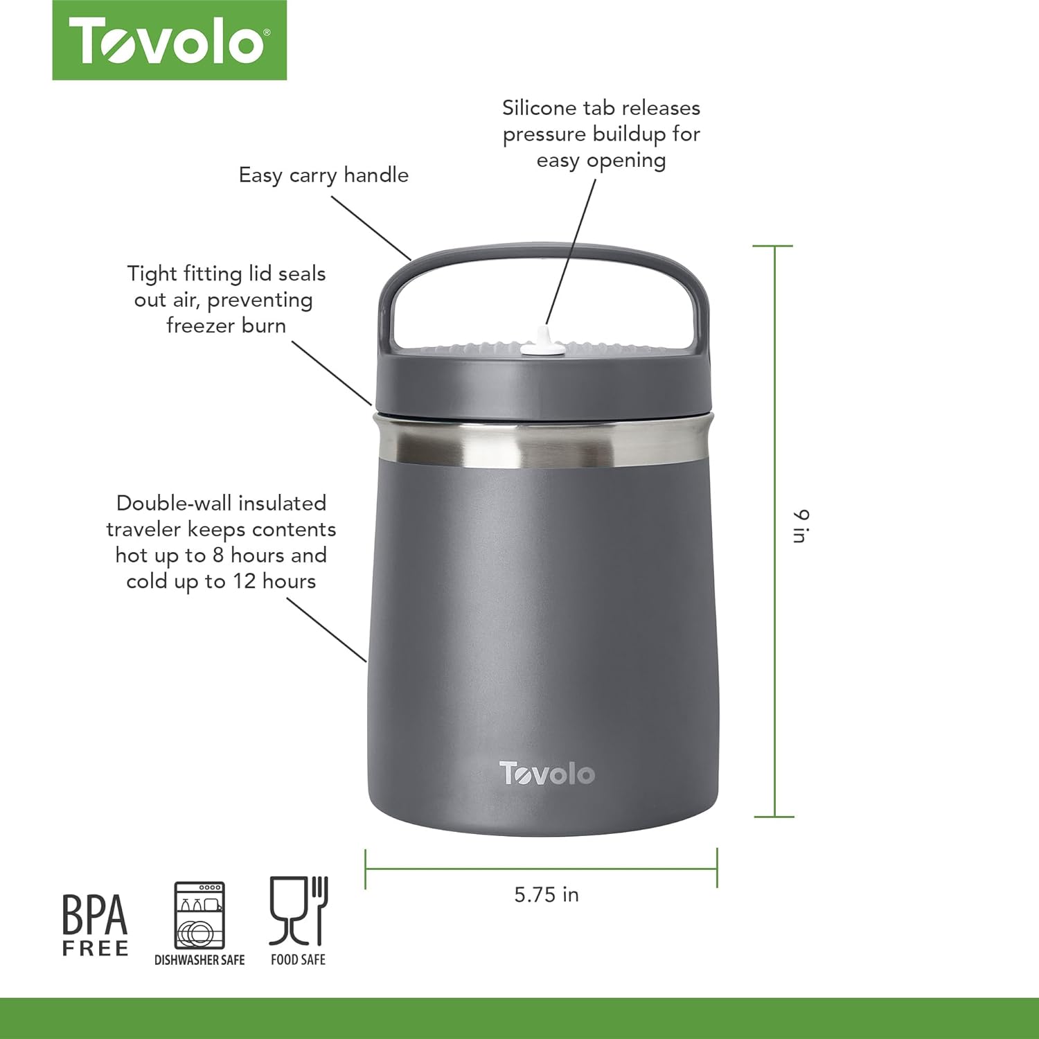 Tovolo Insulated Food Container 2 Quart Food Traveler Thermos for Hot Food and Cold Food Stainless Steel Double Wall Vacuum Insulated Spill Proof Airtight Lid Dishwasher Safe BPA Free Charcoal Gray - Image 5