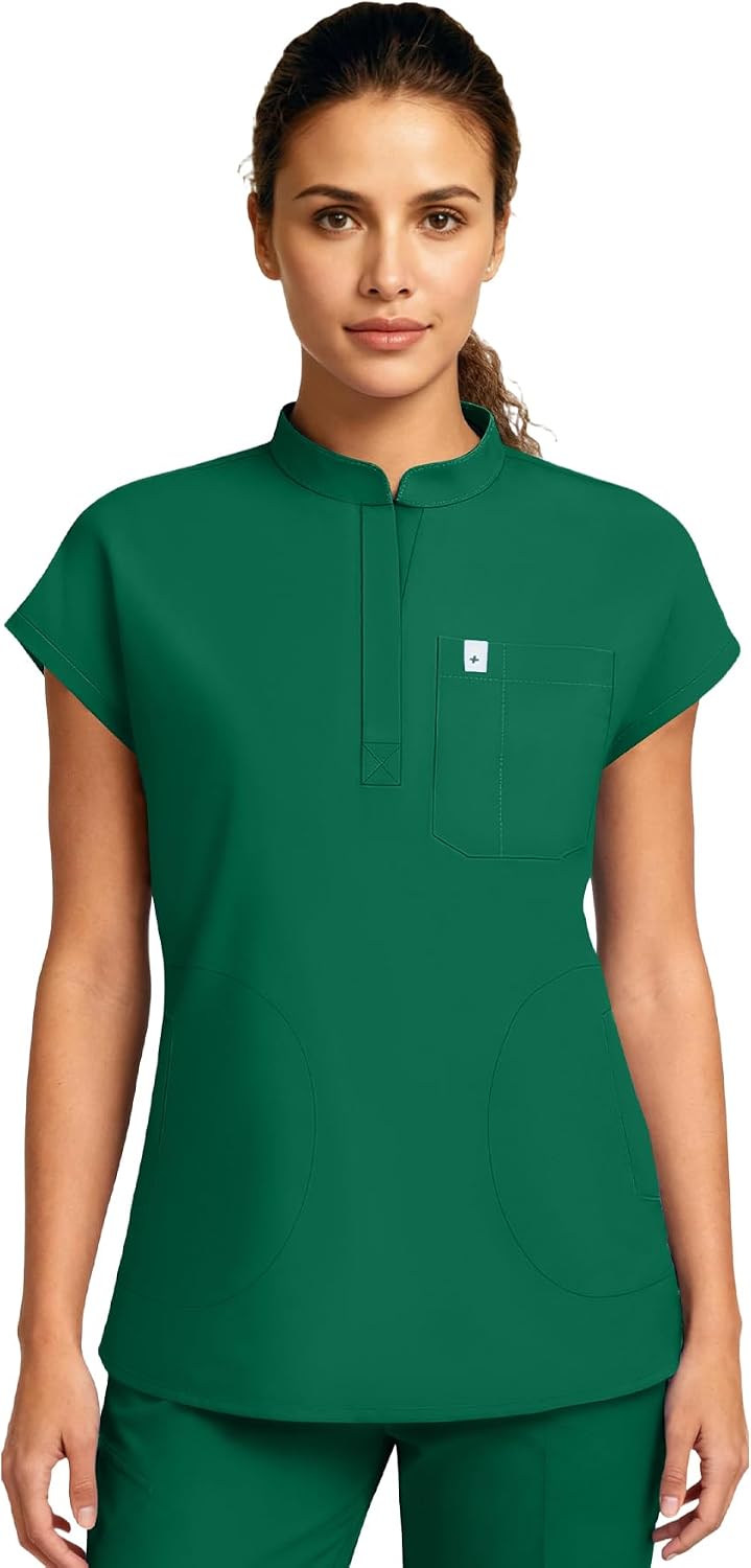 Medical Scrub Tops for Women - Mandarin Collar, Relaxed Fit, 4-Pocket Design, Shirttail Hem, Soft Stretch Scrub Shirts