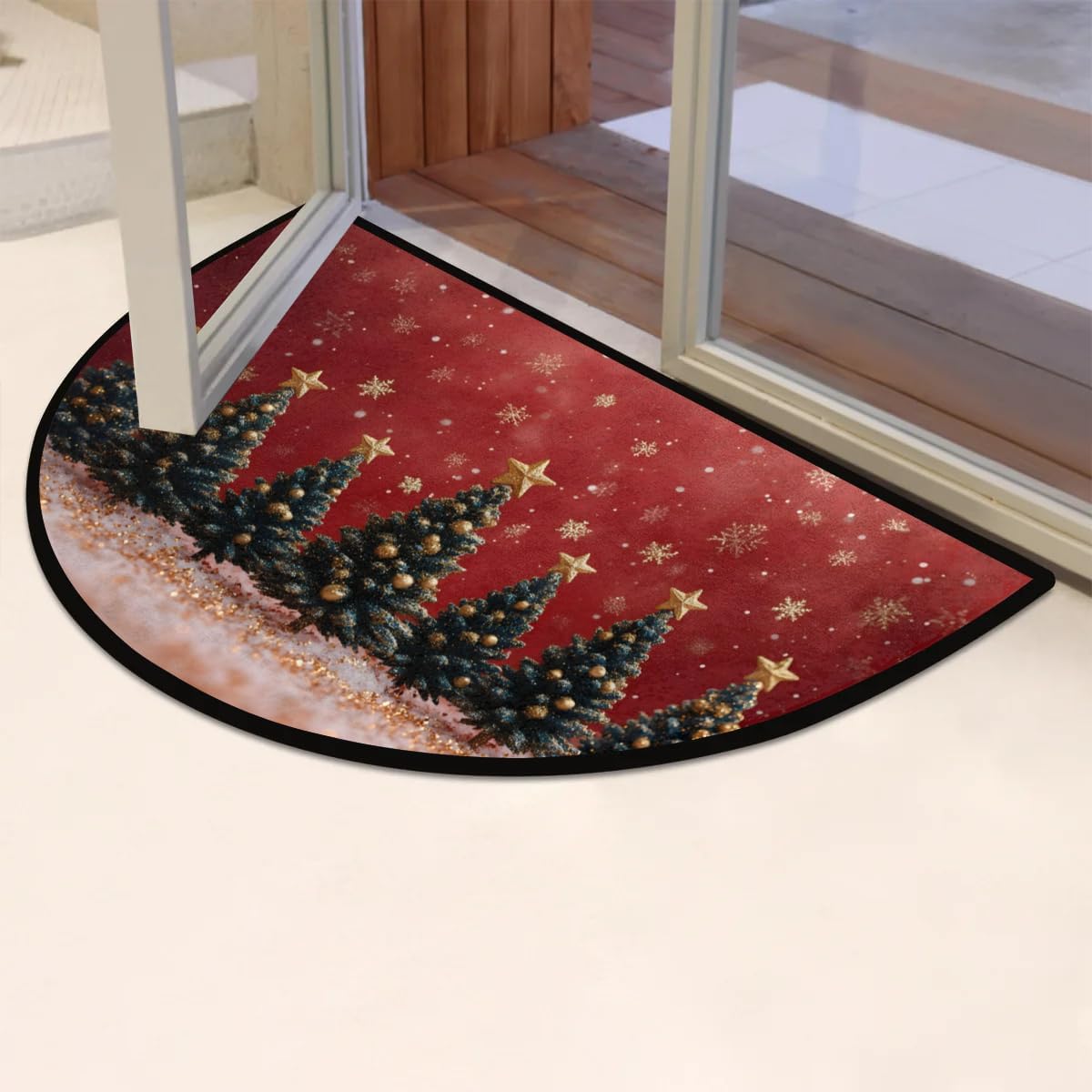 Christmas Tree Half Round Door Mat, Indoor Outdoor Entrance Way Mat, Absorbent Microfiber Welcome Entryway Mat, Washable Inside Front Door Mat, 36''x24'' Red Merry Christmas