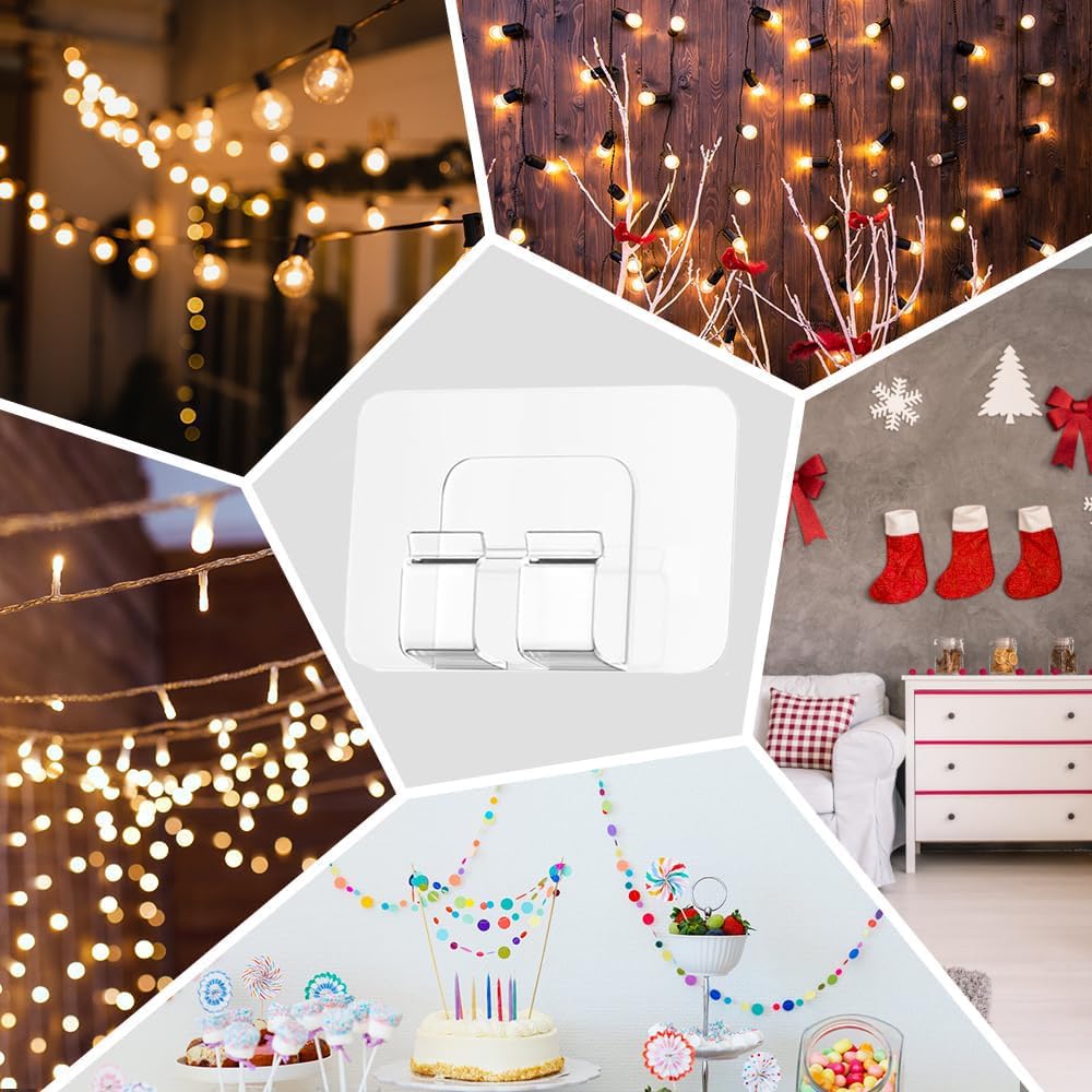 cyindzchwy Hooks for Outdoor String Lights Clips, 20Pcs Heavy Duty Light Hook with Adhesive Strips, Outside Clear Cord Holders for Hanging Christmas Halloween Lighting, Patio Decor