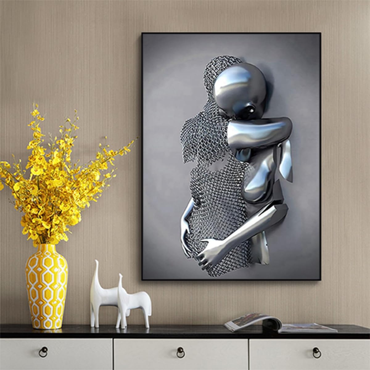 JNAOZI 3D Lovers Sculpture Metal Figure Statue Canvas Painting Love Hug Frameless (02,60 cm x 90 cm x 1 Piece) - Image 2