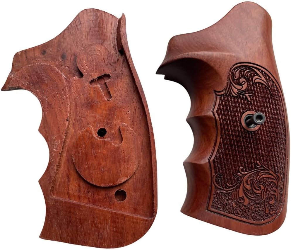 Handmade reproductivePadauk Wood Grips Compatible with Tauaruss Medium/Large Frame Square Butt .357 M44, 65, 80, 82, 83, 96, 431, 441, 607, 669, Closed Back, Flower Engraved #TN2