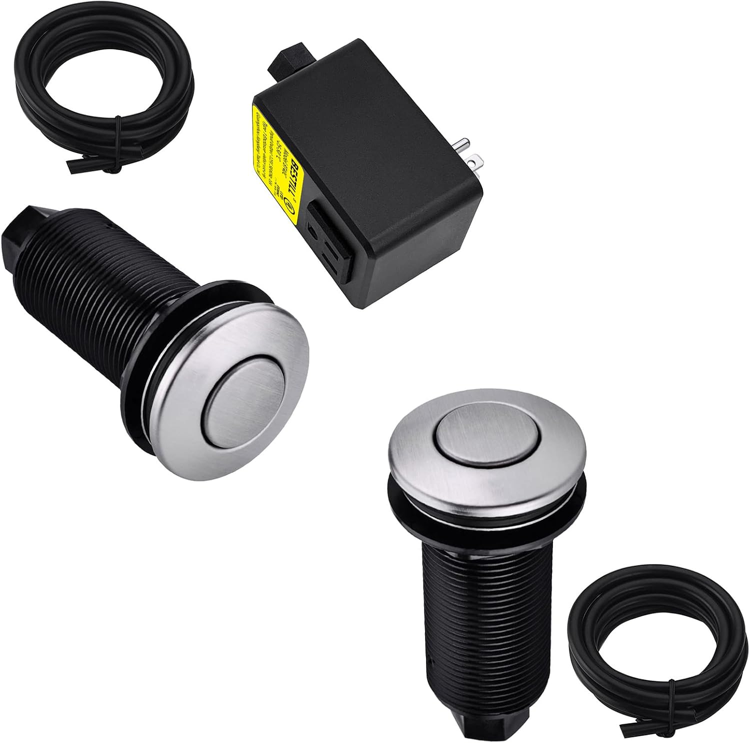 BESTILL Sink Top Garbage Disposal Air Switch Kit, UL Listed, Brushed Nickel Long Push Button(2 Pcs)