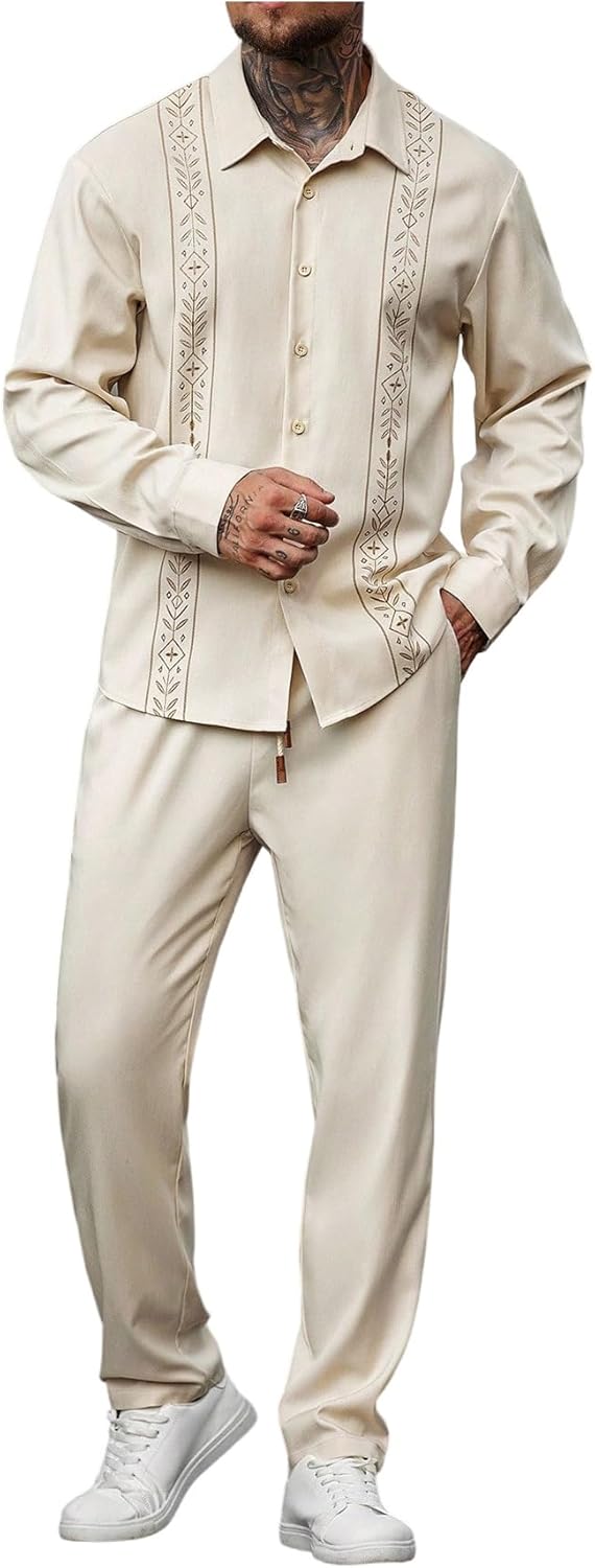 SOLY HUX Men's 2 Piece Going Out Outfits Printed Long Sleeve Button Down Shirts and Drawstring Pants Set