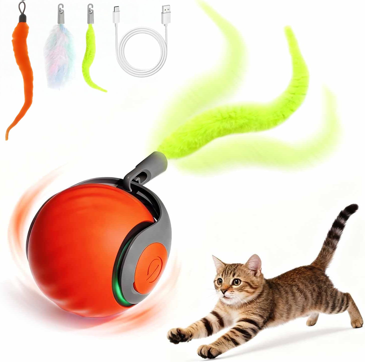 Speedy Tail Cat Toys for Indoor Cats,Smart Interactive Kitten Toy with Feather Tail, 2 Speeds Rechargeable Moving Cat Ball for Bored Indoor Cats, Motion Activated Kitten Rolling Ball Toys (Orange)