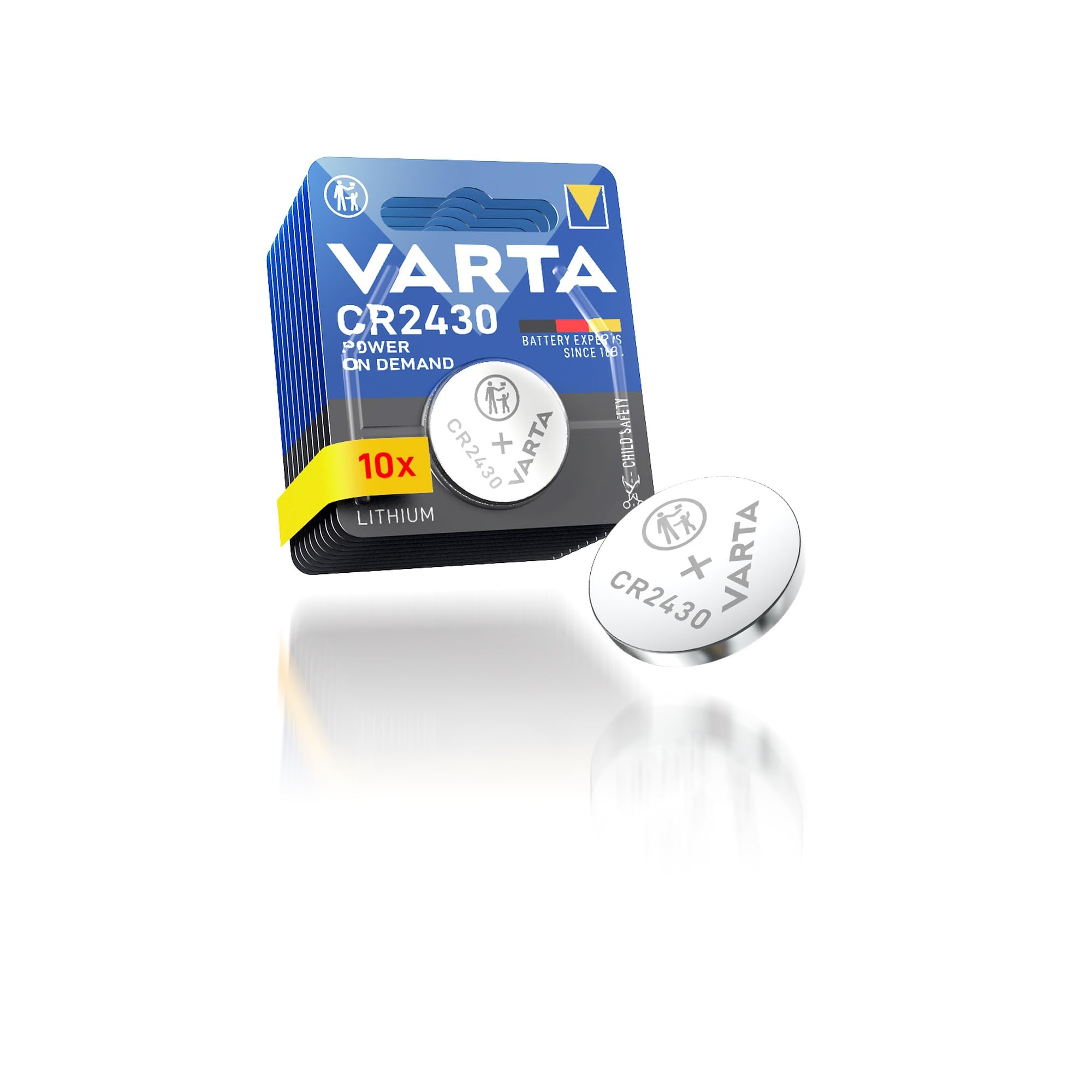 VARTA Batterien Knopfzellen CR2430, 10 Stück, Power on Demand, Lithium, 3V, kindersichere Verpackung, für Smart Home Geräte, Autoschlüssel und weitere Anwendungen, Lithium-Ion