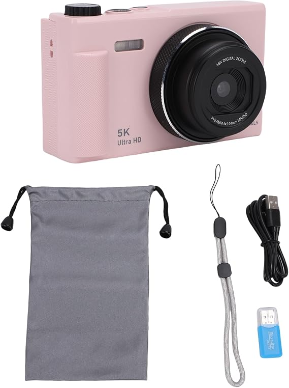 Acogedor 5K Digital Camera, 75MP, 2.8 Inch, 180° Flip Screen, 18X Intelligent Zoom, Auto Focus, 5K Video Recording, Creative Filter, Filllight, Travel Camera, Travel, Selfie PINK