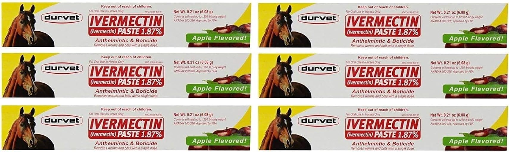 Durvet Ivermectin Paste Dewormer - 6.08g dose @ 1.87% Apple Flavor (6-Pack)