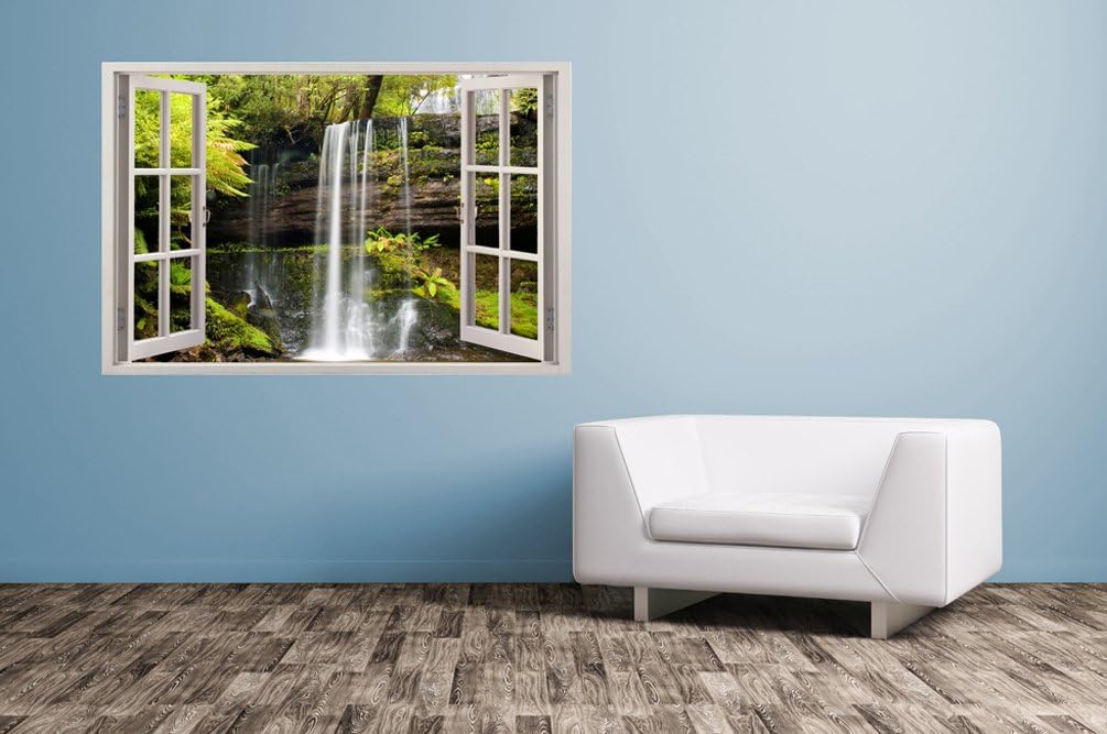 Realistic Window Wall Decal – Peel and Stick Spa Decor for Living Room, Bedroom, Office, Playroom – Waterfall Wall Murals Removable Window Frame Style Nautical Wall Art – Vinyl Poster Wall Stickers