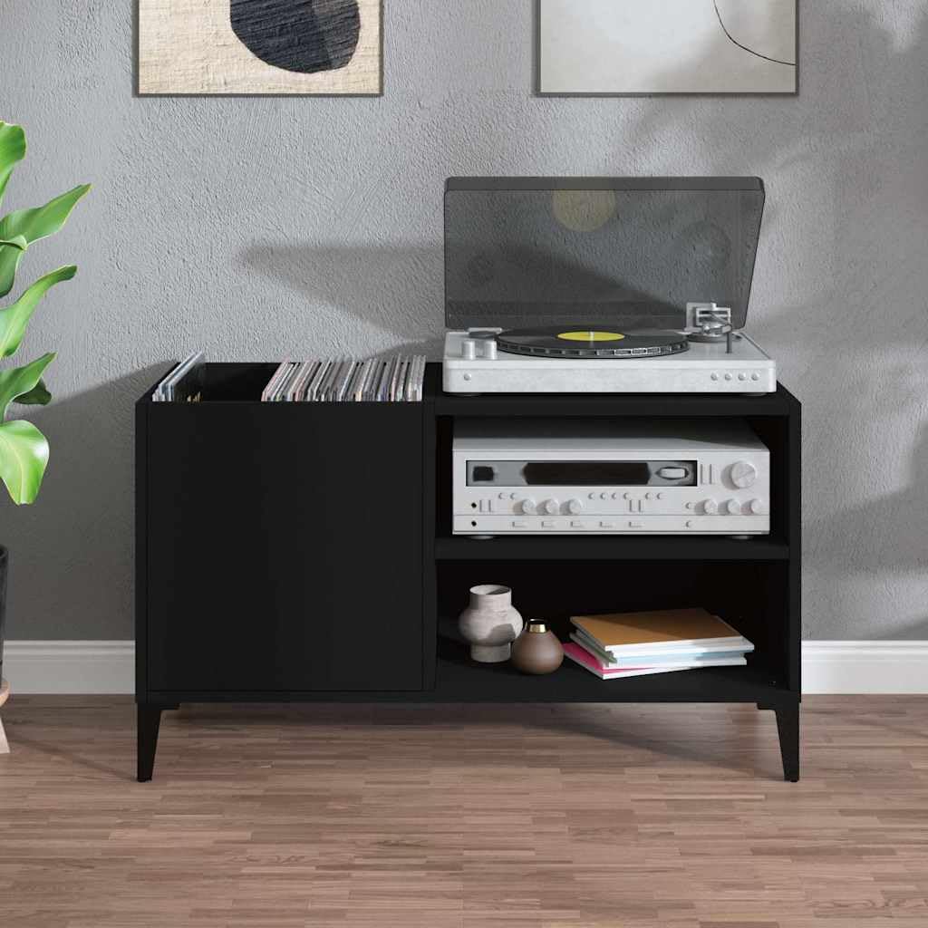 Armadio per dischi nero, 84,5 x 38 x 48 cm, scaffale in vinile in legno con gambe in metallo, contenitore per dischi LP e supporto per giradischi, moderno mobile basso per il soggiorno