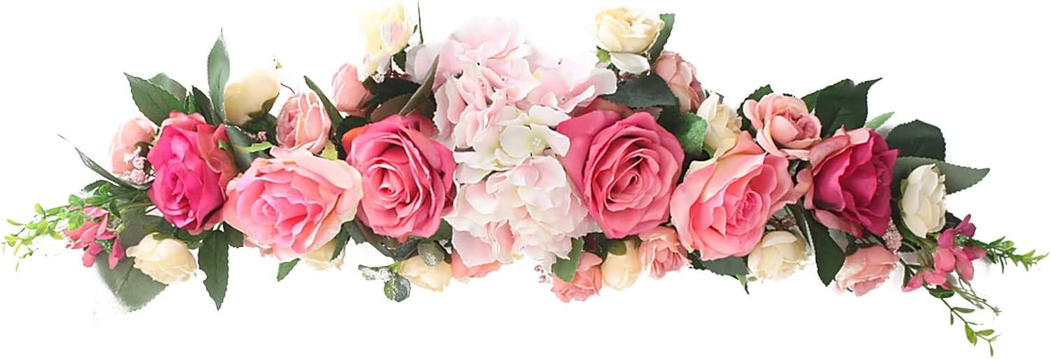 26in Artificial Rose Flower Swag, Pink Hydrangea Peony Garland Decorative Swag with Green Leaves, Fake Floral Swag for Wedding Arch Front Door Wall Decor(#1)