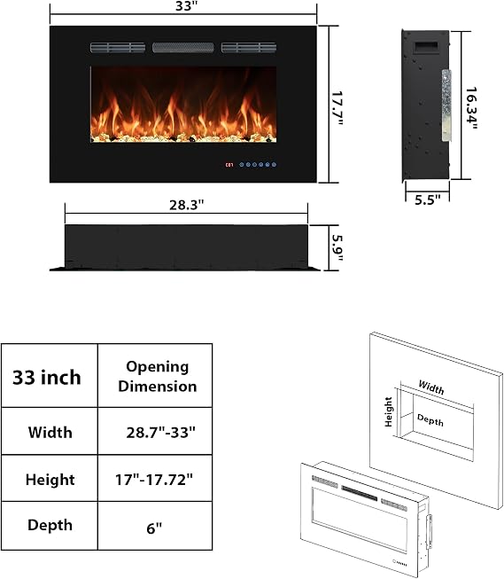 33 in / 84cm Electric Fireplace Inserts, Recessed and Wall Mounted Fireplace Heater, Thermostat, Linear Fireplace with Remote & Touch Screen, Multicolor Flame, Timer, Log & Crystal, 750W/1500W…
