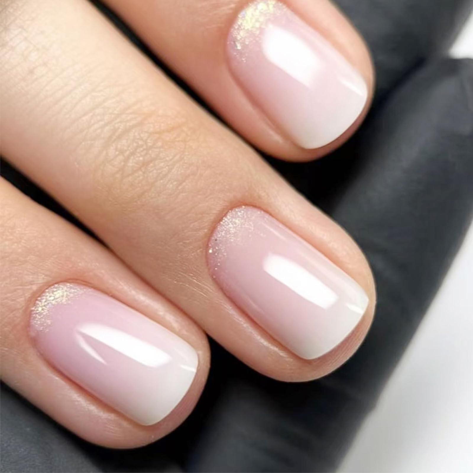 White Ombr Press on Nails Glossy Gold Glitter Stick on Nail Simple Medium Square False Nail Acrylic Full Cover Fake Nails 24Pcs Pink Gradient Gel Glue