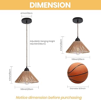 Rattan Light Shade Pendant Ceiling Light, Boho Chandelier Light Fixture Adjustable Height,Farmhouse Coastal Pendant Light Fitting for Kitchen, Dining Room, Bedroom [Energy Class A]