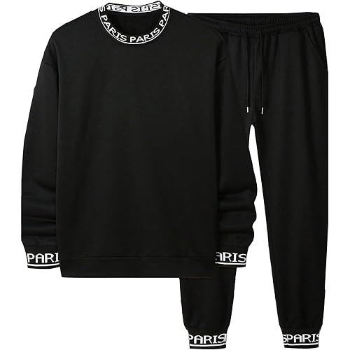 GORGLITTER Men's Letter Tape Two Piece Sweatsuit Long Sleeve Pullover Top Drawstring Waist Jogger Pants Set