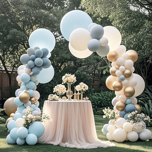 Image of Dusty Blue Metallic Champagne Gold Balloon Set 12 Inches,70 Pcs Blue White Metallic Champagne Gold Latex Balloons,Baby Blue Gold Party Balloons for Birthday