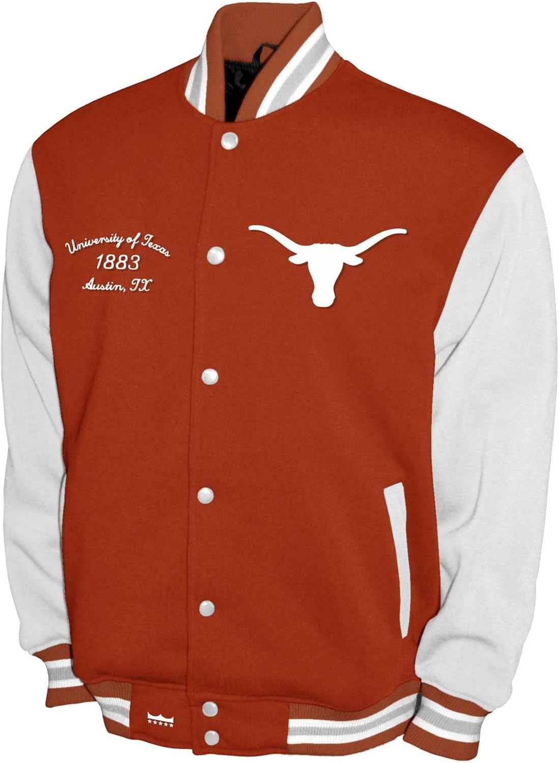 2Bhip NCAA Texas Longhorns Varsity Jacket - Men's Burnt Orange/White Fleece Snap-up Letterman Jackets - Everyday Outwear