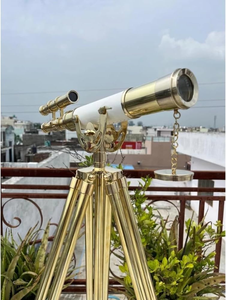 18" Brass Telescope Nautical Floor Standing with Wooden Tripod Stand, Brass and White Finish