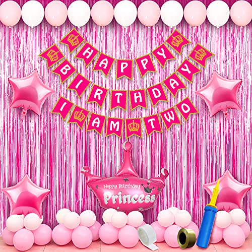 Image of Party Propz Princess theme Birthday decoration kit - Pack of 63pcs 2nd Birthday Decorations for Girls with Pink Balloons for birthday, star balloon (Cardstock,Latex)