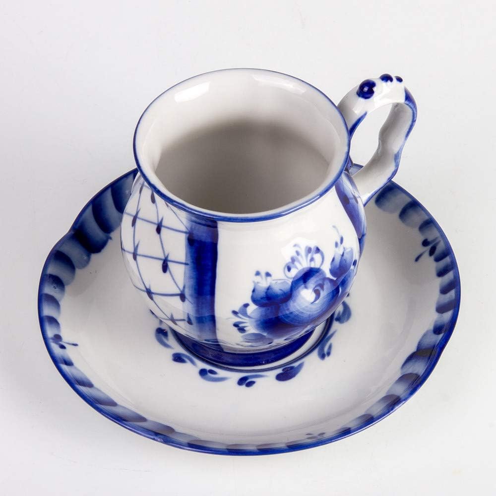 Gzhel Hand-painted Blue Rhapsody Teacup and Saucer Blue and White Porcelain